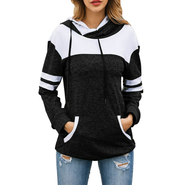 Women Long Sleeve Patchwork Pullover Hooded Hoodie Sweatshirt with Pockets 